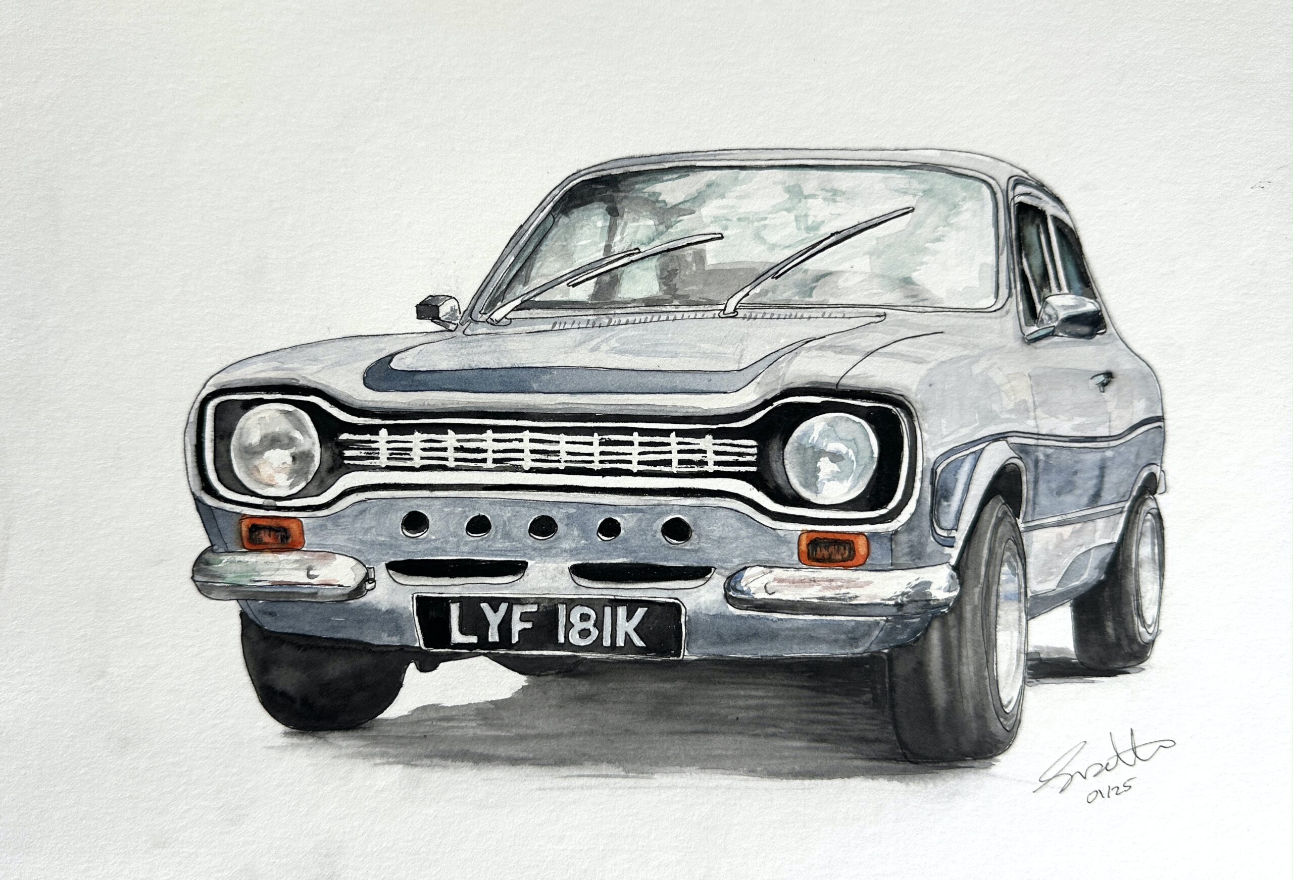a vintage car portrait in watercolour and ink