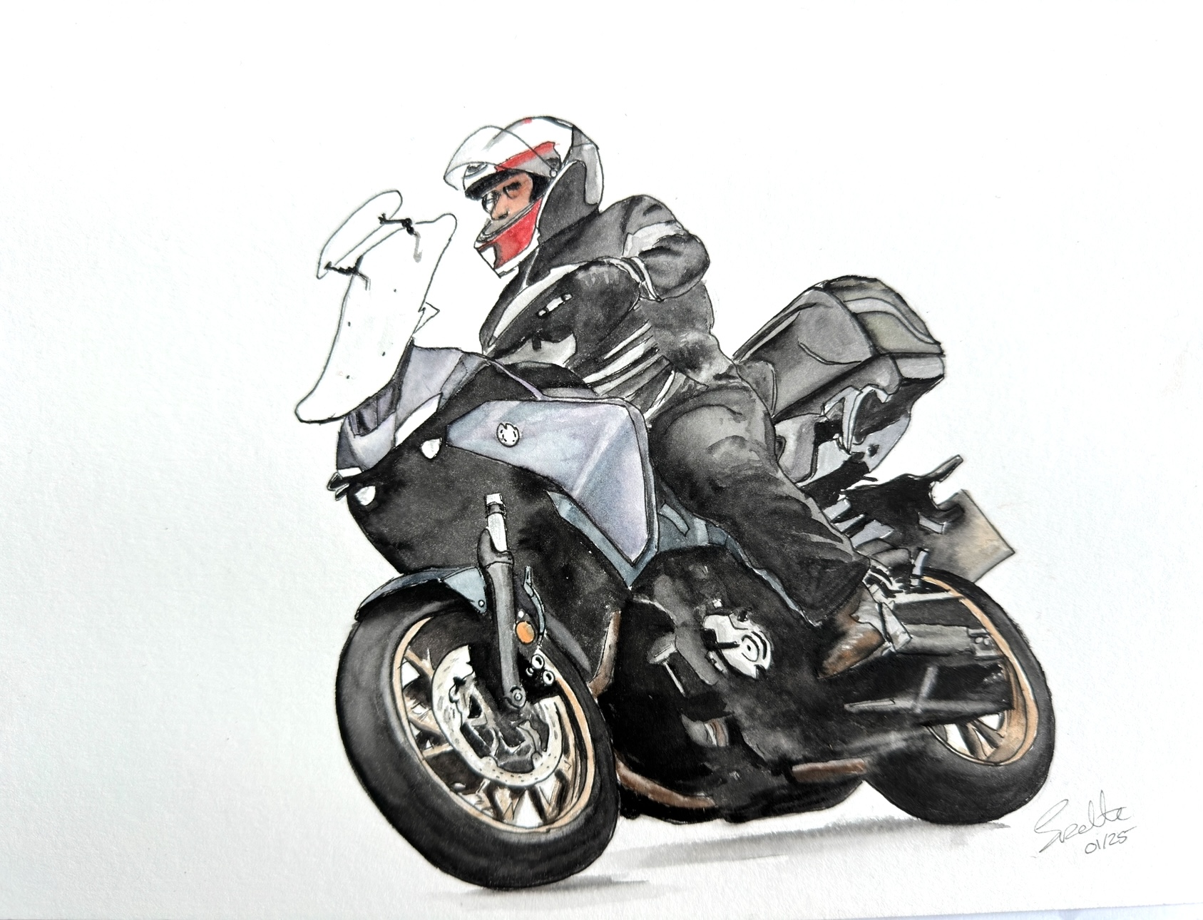 Motorbike in ink and watercolour